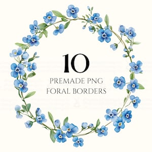 Aquarelle de fleurs de myosotis PNG bordure de cercle Floral bleu Clip Art cadres Art numérique imprimable PNG pour carnets indésirables et scrapbooking