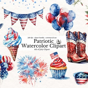 Aquarell 4. Juli Clipart, Patriotischer Unabhängigkeitstag Kommerzielle Nutzung PNG, Clip Art Bundle, Rot, Weiß und Blau Grafiken, Ballon-Feuerwerk