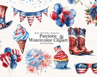 Watercolor 4th of July clipart, Patriotic Independence Day Commercial Use PNG, clip art Bundle, Red White & Blue graphics, Balloon Fireworks