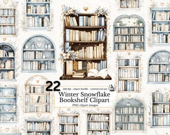 May include: A set of 22 digital clipart images of wintery bookshelves. The bookshelves are decorated with snowflakes, lights, and greenery. The images are ideal for creating winter-themed projects, such as cards, invitations, and scrapbook pages.