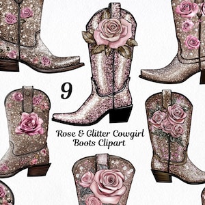Roze roos glitter cowgirl laarzen PNG bloemen Western Coastal Cowgirl Clip Art afdrukbare digitale kunst PNG voor ongewenste tijdschriften en scrapbooking