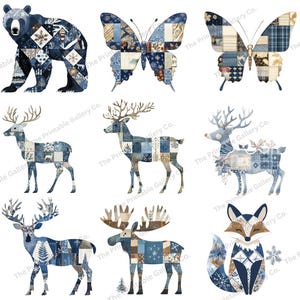 Scandinavian Folk Art Winter Animals Clipart | Nordic Christmas PNG Bundle | Patchwork Forest Wildlife | Holiday Sublimation Graphics