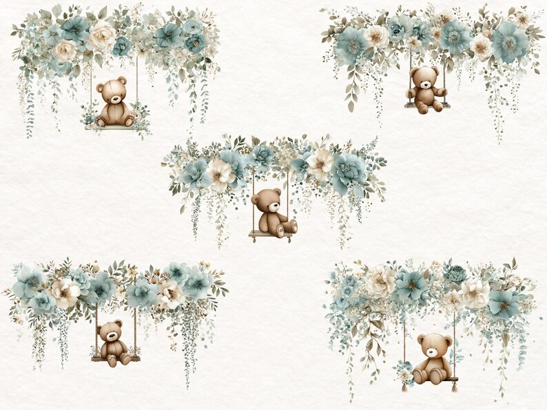 Watercolor Teddy Bear Clipart Blue Floral Baby Teddies PNG Set (digital ...