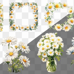 May include: A set of digital clipart featuring white daisies in various arrangements. The daisies are arranged in wreaths, bouquets, and individual stems. The images are perfect for crafting, scrapbooking, and digital design projects.