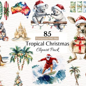 Clipart Noël tropical, kangourou surf avec bonnet de Noel, koala, palmier et guirlande lumineuse PNG pour sublimation de vacances de vacances d'été
