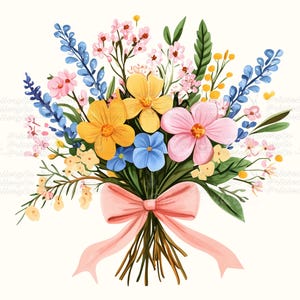 Clipart di bouquet di fiori selvatici a guazzo, bouquet floreale primaverile con fiocco, PNG stampabile in stile dipinto a mano, download digitale per lavori di carta