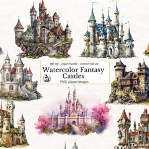 Aquarel kasteel clipartbundel, Fantasy Castlecore Clip Art-bundel, digitale scrapbooking-graphics, magische middeleeuwse afbeeldingen voor commercieel gebruik