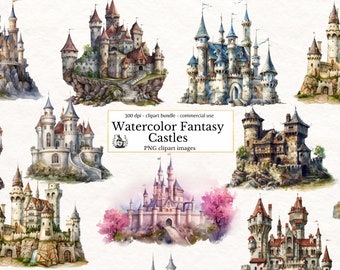 Paquete de imágenes prediseñadas de castillos en acuarela, paquete de imágenes prediseñadas de Castlecore de fantasía, gráficos de scrapbooking digital, imágenes comerciales de temática medieval mágica.