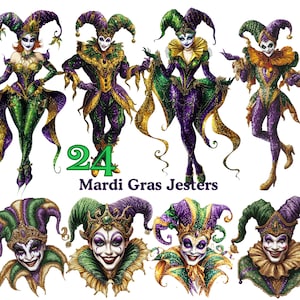 May include: A set of 24 Mardi Gras jester illustrations. The jesters are wearing colorful costumes with green, purple, and gold accents. They have exaggerated features, including large hats, pointy shoes, and mischievous smiles.