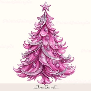 Hot Pink Glam Christmas Tree SVG & PNG Clipart, Neon Pink Silver Cartoon Style Winter Holiday Graphics, Cartoon Hand drawn clip art