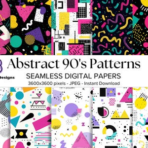 May include: A selection of 18 abstract 90's patterns with geometric shapes and bright colours. The designs include triangles, circles, and lines in pink, yellow, teal, and purple. Text reads "18 Abstract 90's Patterns".