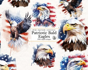 Watercolor Patriotic Bald Eagle Clipart, USA Flag, Independence Day, 4th of July, Printable HIgh-quality Papercraft, Junk Journal