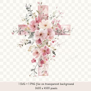 以下が含まれることがあります： ピンクと白の花と緑の葉で飾られた十字架の水彩イラスト。十字架はソフトピンク色で、花は満開です。画像には「1 SVG + 1 PNGファイル、透明背景、3600 x 4500ピクセル」というテキストが含まれています。