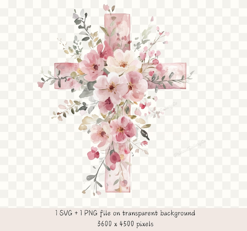 以下が含まれることがあります： ピンクと白の花と緑の葉で飾られた十字架の水彩イラスト。十字架はソフトピンク色で、花は満開です。画像には「1 SVG + 1 PNGファイル、透明背景、3600 x 4500ピクセル」というテキストが含まれています。