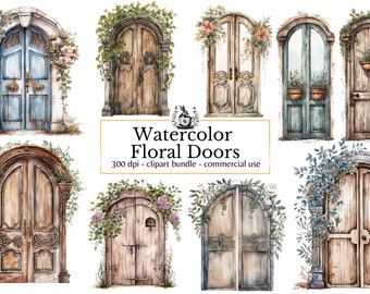 17 Watercolor Floral Doors Clipart, Boho Chic Digital Sticker PNG, Commercial Use, Junk Journal clip art, Collage Images, Fantasy Neutral