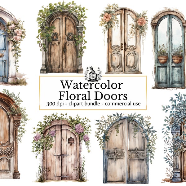 Watercolor Floral Doors Clipart, Boho Chic Digital Sticker PNG, Commercial Use, Junk Journal clip art, Collage Images, Fantasy Neutral