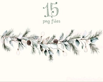 May include: Watercolor illustration of a winter garland with pinecones, leaves, and lights. The image includes the text "15 png files" in a soft green color. The garland is a digital design element.