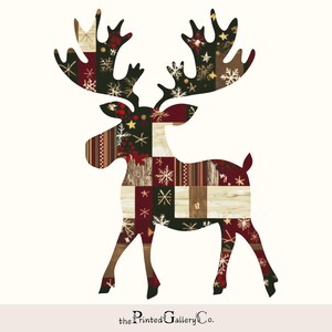 May include: A red, white, and brown patterned moose silhouette with snowflakes and stars. The moose is standing on a white background. The text "the Printed Gallery Co." is at the bottom of the image.