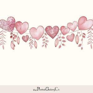 Feuillage pailleté rose et bordure coeurs PNG doré Saint Valentin superposition guirlande coeur mignon pour invitations imprimables scrapbooking sublimation
