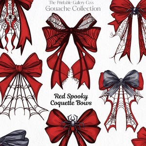 Op de afbeelding: Digitale illustratie van rode strikken met spinnenwebben en spinnen. De strikken zijn in verschillende stijlen, sommige met lange staarten en andere met een meer traditionele vorm. De tekst "Red Spooky Coquette Bows" is ook zichtbaar.