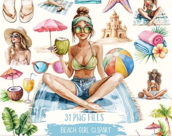 30 cliparts aquarelle plage côtière fille été vacances été tropical esthétique PNG mignon bohème plage accessoires pour agendas et autocollants