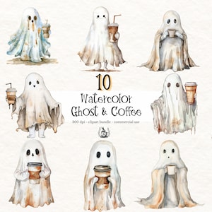 Fantasmi acquerellati che tengono una tazza di caffè, simpatici fantasmi di Halloween in formato PNG per uso commerciale, clip art spettrale autunnale di ottobre, scarabocchi fatti a mano, diario spazzatura