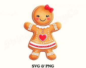 Immagini clipart di ragazza di pan di zenzero ad acquerello JPEG + PNG + SVG + pdf, grafica digitale per le vacanze con design di maglietta di donna di pan di zenzero festiva con fiocco