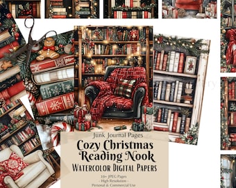 Op de afbeelding: Digitaal papierpakket met 19 aquarel illustraties van knusse kerstleeshoekjes. De illustraties tonen boekenkasten vol boeken, een rode fauteuil en kerstverlichting. Junk Journal Pages Cozy Christmas Reading Nook Watercolor Digital Papers 19+ JPEG Pages -High Resolution- Personal & Commercial Use