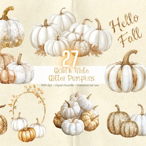 Clipart de otoño metálico dorado, PNG de uso comercial de calabazas blancas, clip art de invitación de boda, gráficos con brillo, despedida de soltera en un jardín glamoroso