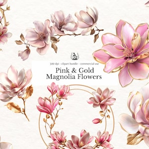 Clipart floral metálico rosa y dorado, flores rosas femeninas PNG, gráficos de invitación de boda con magnolia y decoración glamorosa para despedida de soltera en el jardín