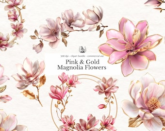 Pink and Gold Metallic Floral Clipart Girly Pink Flowers PNG Magnolia Wedding Invitation Graphics & Glam Garden Bridal Shower Decor Clip Art