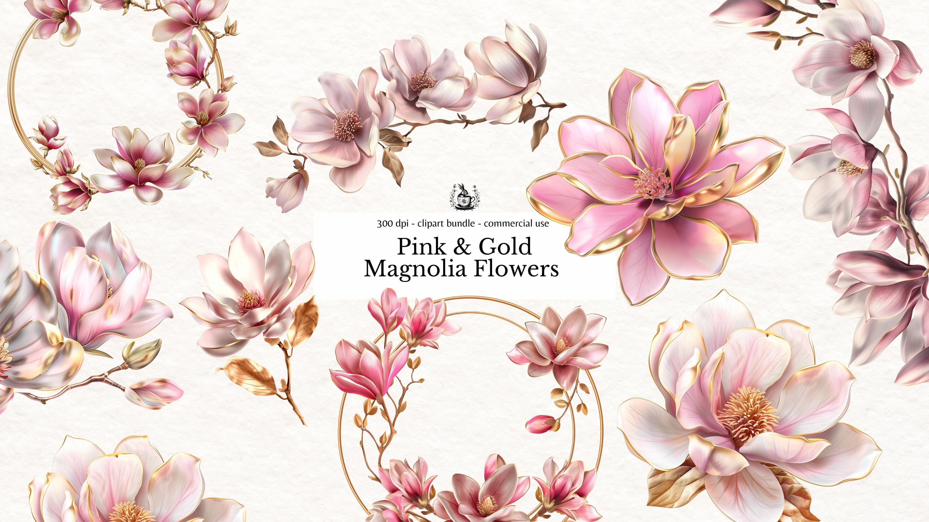Pink and Gold Metallic Floral Clipart Girly Pink Flowers PNG Magnolia ...