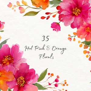 35 akvarellblommor Clipart-paket, knallrosa orange blommor kommersiellt bruk PNG, ljusa bröllopsinbjudningar stationära grafik trädgårdsdusch