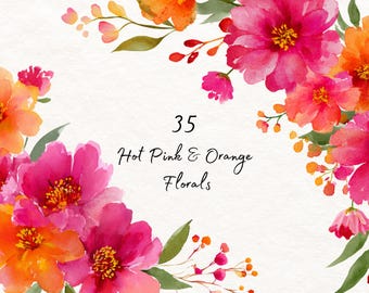 35 Watercolor Floral Clipart Pack, Hot Pink Orange Flowers Commercial Use PNG, Bright Wedding Invitation Stationary Graphics Garden Shower