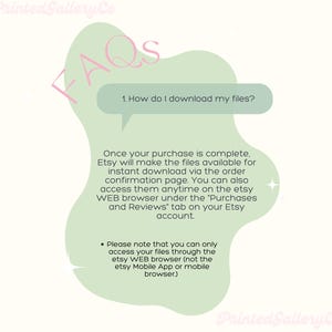 May include: A green and pink graphic with the text "FAQs" in a large pink font. The text "1. How do I download my files?" is in a smaller white font in a speech bubble. The text below explains how to download digital files from Etsy.