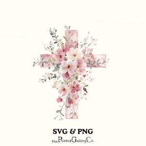 Könnte beinhalten: Aquarell-Illustration eines Kreuzes, verziert mit rosa und weißen Blumen und grünem Laub. Das Kreuz hat einen hellrosa Farbton. Der Text "SVG & PNG" und "the Printed Gallery Co." befinden sich unten.