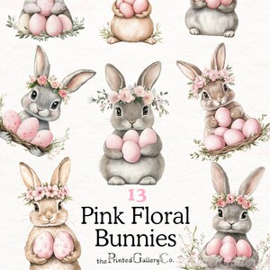Rosa Blumen Osterhase Clipart, Frühlings-Kaninchen Kommerzielle Nutzung PNG Ostereinladung Clip Art, Blumenkrone Grafiken, Garten Brautdusche