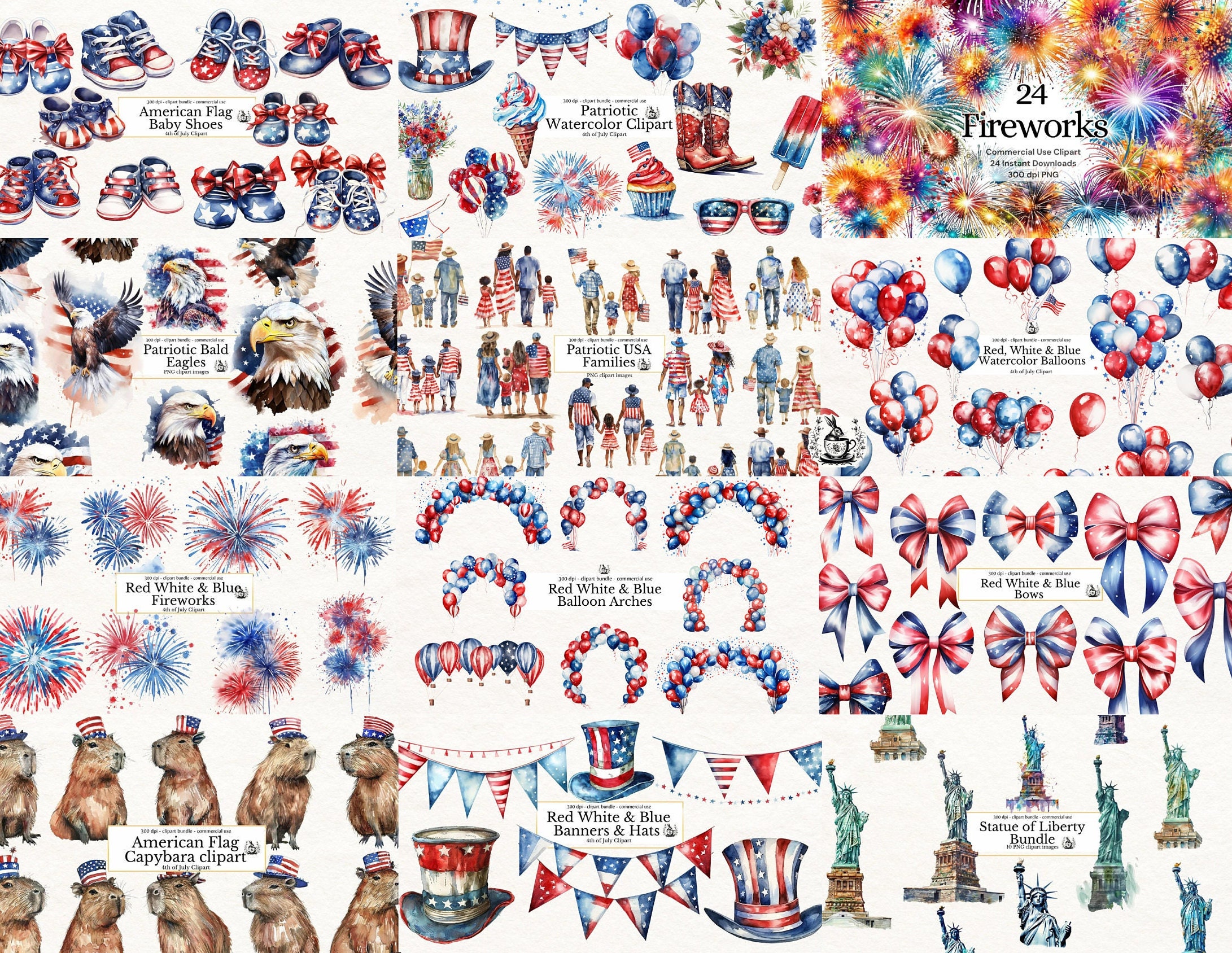 160+ PNG Patriotic Mega Bundle Watercolor 4th of July Clipart | Red ...