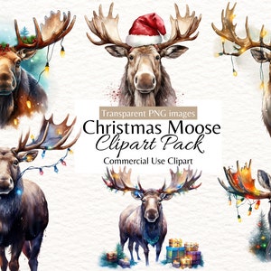 Watercolor Christmas Moose Clipart with Lights, Holiday Antler Art PNG for Sublimation, Scrapbooking, Invitations, Crafts