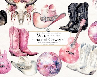 Watercolor Coastal Cowgirl Clipart, Pink/Black/White Glam Western Boots Disco Ball clip art PNG graphics instant download for commercial use