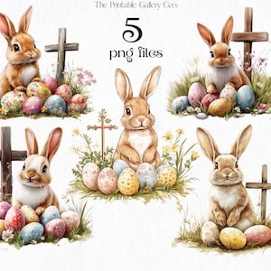 Aquarell Osterhase & Kreuz Clipart Bundle | 5 PNG-Set | Christliche Osterhasen und Ostereier | Religiöser Frühling Digital Download Printable