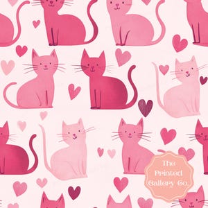 Motif chat sans couture, papier numérique sans couture coeur rose, fond de papier peint imprimable parfait pour la Saint-Valentin scrapbooking amoureux des animaux