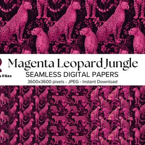 以下が含まれることがあります： マゼンタヒョウジャングルシームレスデジタルペーパー。画像は、暗い背景にマゼンタのヒョウと葉の繰り返しパターンを示しています。画像上のテキストは「12 Magenta Leopard Jungle Seamless Digital Papers」と表示されています。