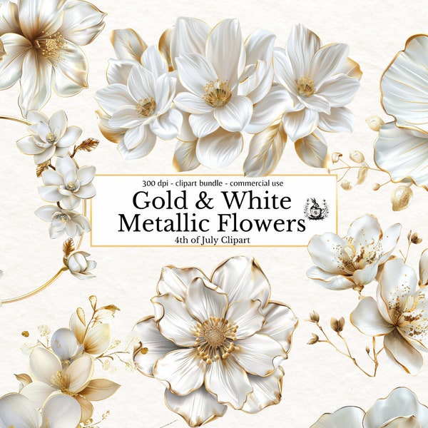 Gold Metallic Floral clipart, White Flowers Commercial Use PNG, Wedding Invitation clip art, Magnolia graphics, Glam Garden Bridal Shower