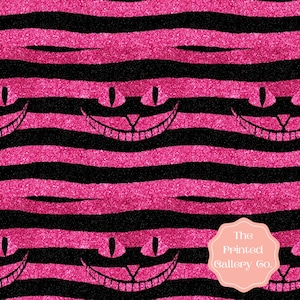 May include: A repeating pattern featuring alternating horizontal black and pink glitter stripes. The design includes smiling Cheshire Cat faces, with pink eyes and smiles, set against the striped background. The Printed Gallery Co. logo is in the bottom right corner.