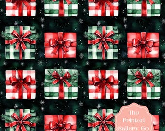 Watercolor Holiday Presents, 1 Seamless Pattern, Trendy Christmas Digital Paper, Black Green Red Background, Festive Winter Design