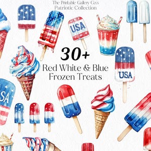 Paquete de imágenes prediseñadas de helado patriótico del 4 de julio, postre de verano rojo, blanco y azul, descarga digital, arte de sublimación de EE. UU.