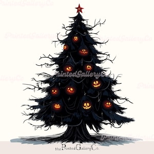 Design vintage per maglietta con albero di Natale e zucca di Halloween - PNG natalizio spettrale, SVG gotico stregonesco, Clipart divertente e inquietante