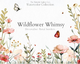 Watercolor Floral Borders For Wedding Clipart, Watercolor Wild Flowers Clip Art - Premade Borders - Commercial Use - Butterfly PNG Borders