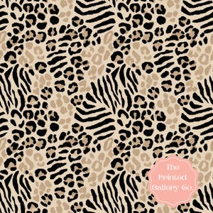 May include: A seamless pattern featuring a mix of animal prints. The design includes leopard spots in black and tan, zebra stripes in black and white, and a lighter tan leopard print. The background is a light tan color. The text "The Printed Gallery Co." is in a pink circle.
